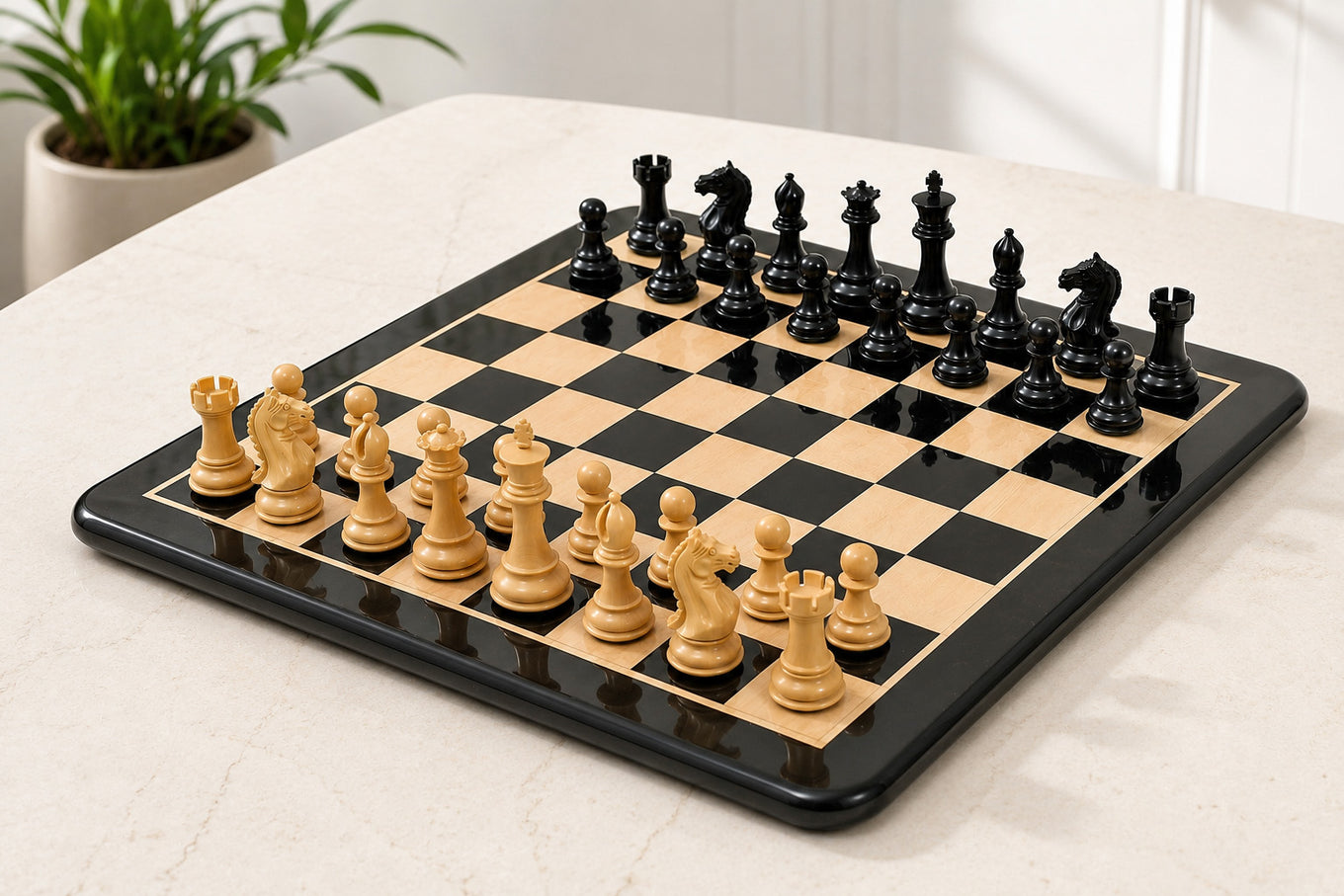Fierce Knight Chess Pieces in Ebonized Boxwood 4.0" King with Board