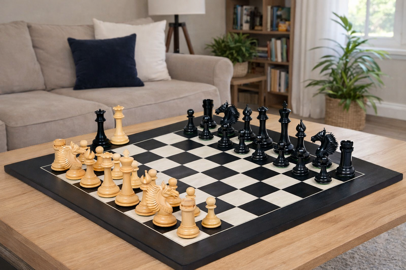 CB Mustang Series Chess Pieces in Ebony/Boxwood - 4.4" King with Board