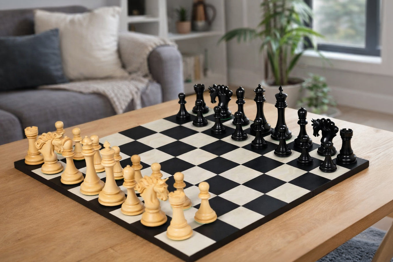 Combo of The Pegasus Series Artisan Staunton Chess Pieces ver 2.0 in Ebony / Boxwood - 4.5" King with Minimalist Veneer Wooden Chess Board 19"