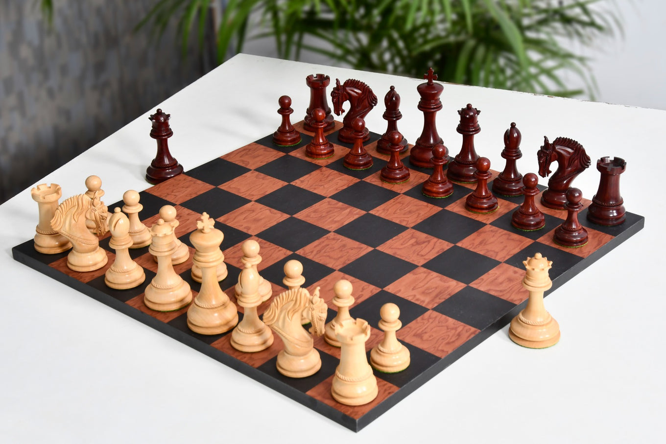 Excalibur Luxury Artisan Series Chess Pieces in Bud Rosewood / Box Wood - 4.6" King with Borderless Design Minimalist Chessboard