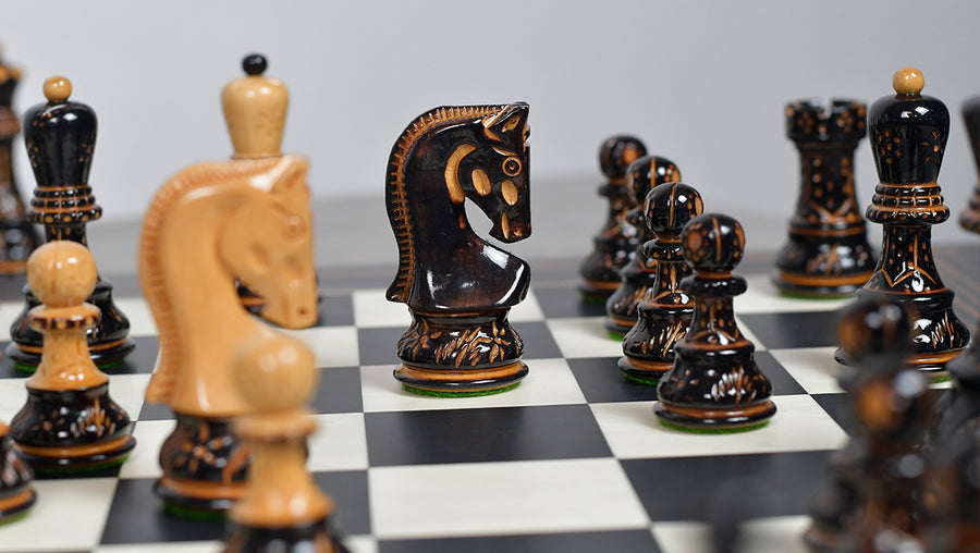 1959 Reproduced Russian Zagreb Staunton Series Chess Set in Burnt & Natural Boxwood & Tiger Ebony Maple Chess Board - 3.75" King