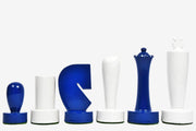 Berliner Minimalist Chess Pieces in Blue & White Painted Wood 3.7" | CHESSBAZAAR