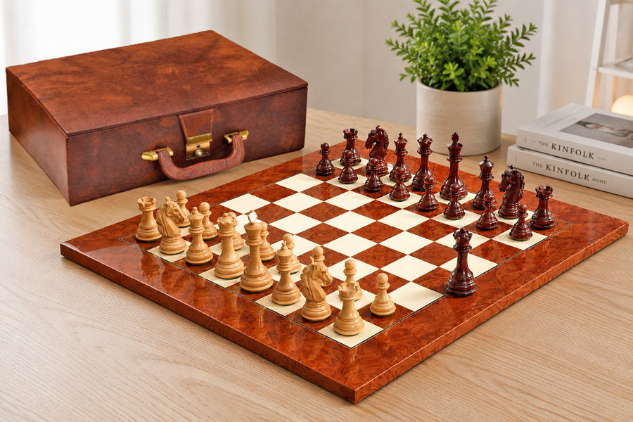 Columbian Chess Pieces in Bud Rosewood/Boxwood- 3.8" King with Board & Box
