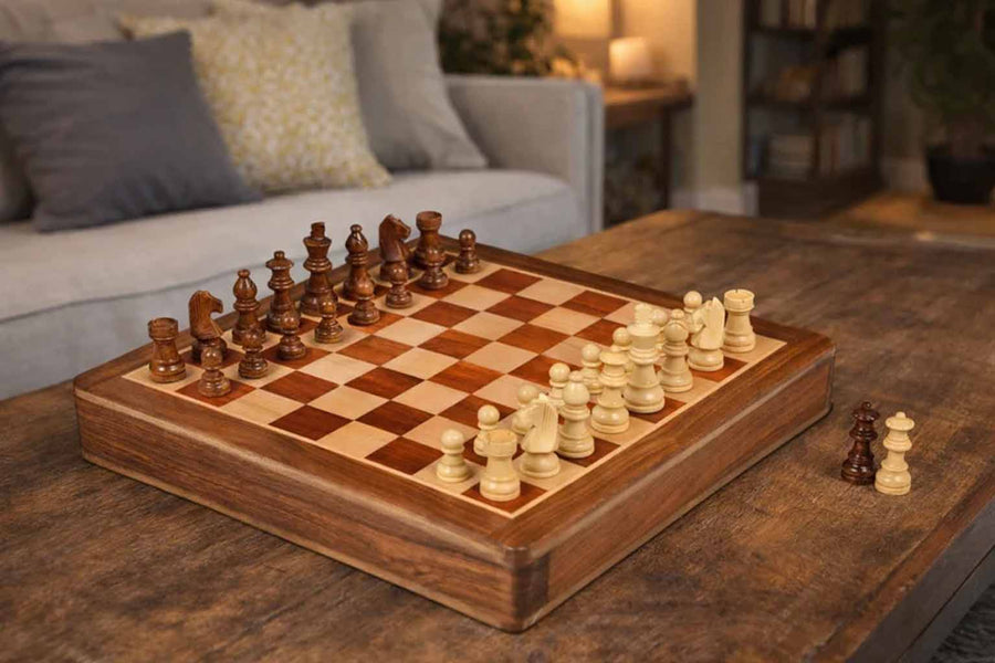 12-Inch Travel Magnetic Chess Set with Drawer Storage – Matte Padauk Wood, Extra Queens