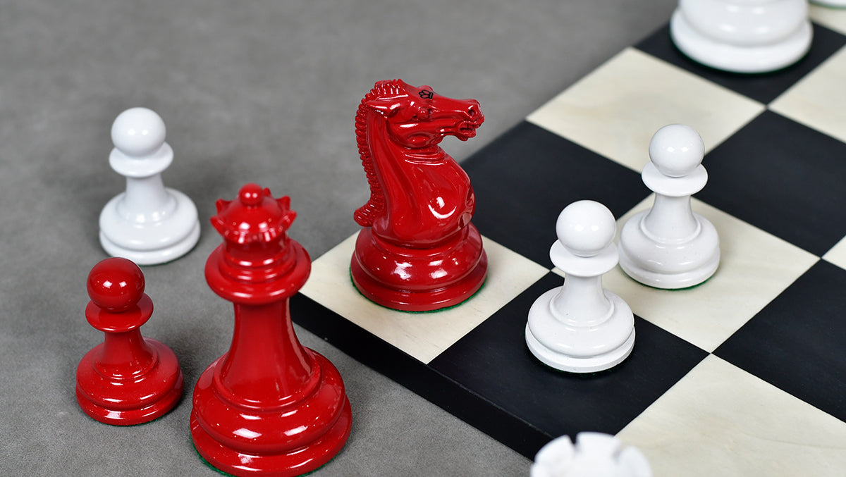 Reproduced 1849 Original Staunton Pattern Chess Pieces in Lacquer Finished Painted Crimson & Ivory White - 4.5" King