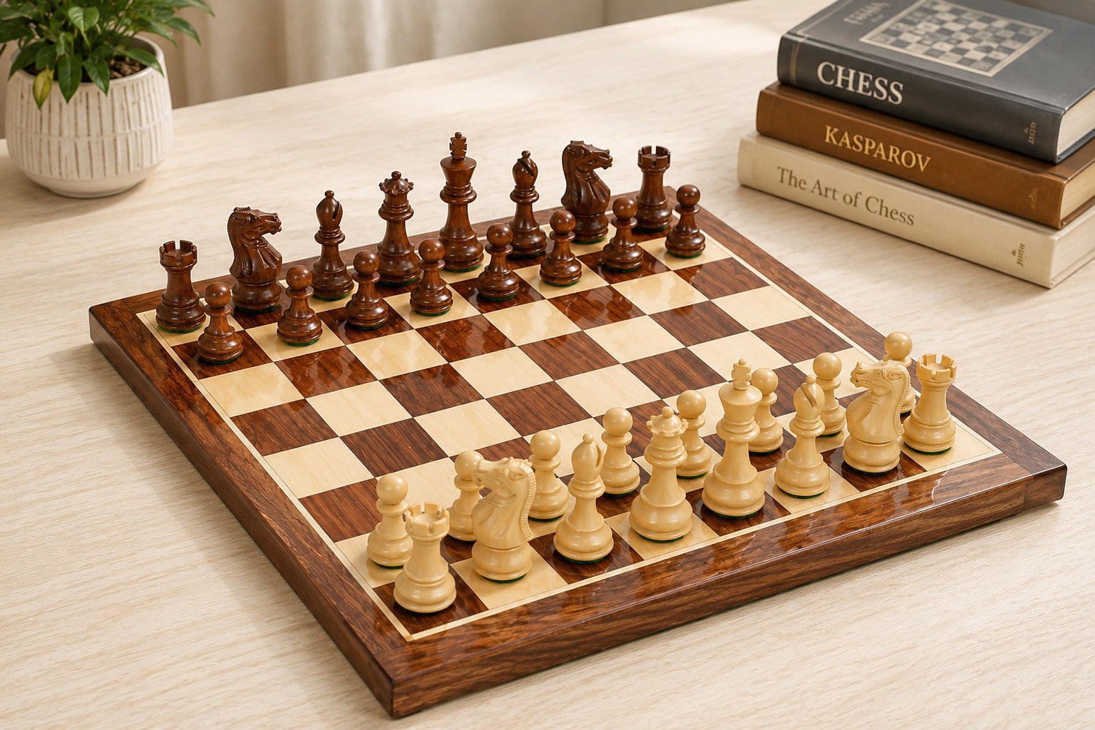 The Stallion Weighted Staunton Chess Set in  Sheesham Wood & Boxwood - 3.0" King With Sheesham Chessboard