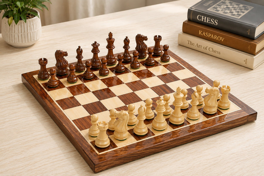 The Stallion Weighted Staunton Chess Set in  Sheesham Wood & Boxwood - 3.0" King With Sheesham Chessboard