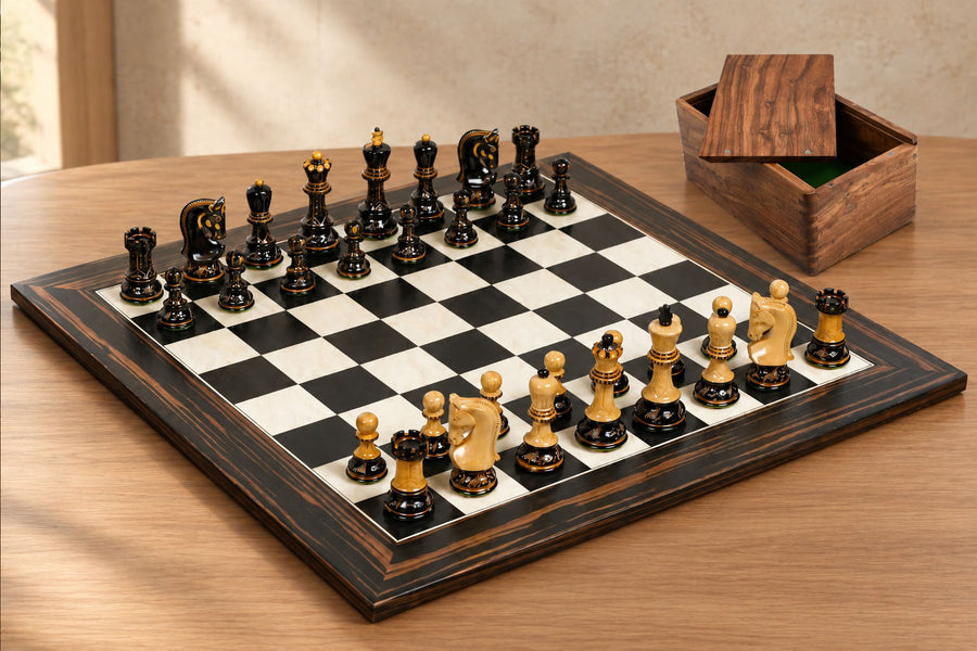 Combo of 1959 Reproduced Russian Zagreb Staunton Series Chess Pieces in Burnt & Natural Box Wood With Board & Box - 3.75" King