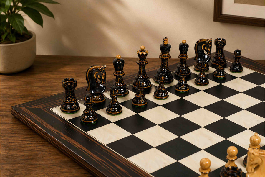 Combo of 1959 Reproduced Russian Zagreb Staunton Series Chess Pieces in Burnt & Natural Box Wood With Board & Box - 3.75" King