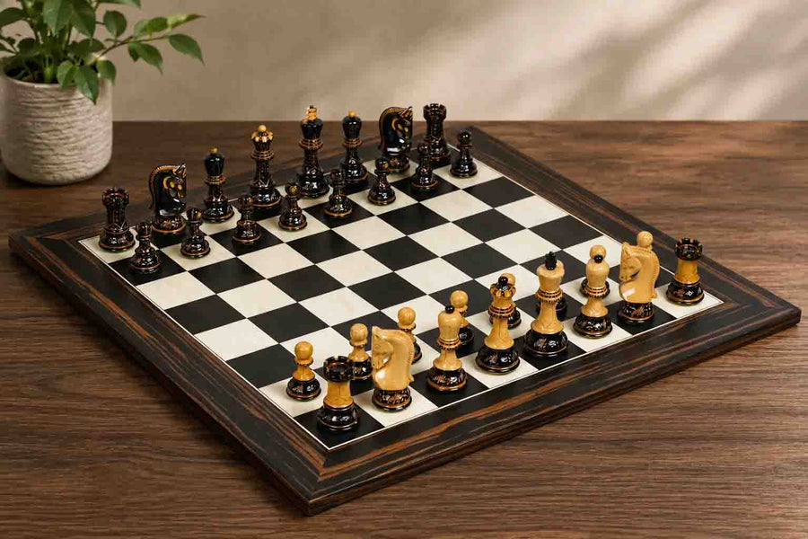 1959 Reproduced Russian Zagreb Staunton Series Chess Set in Burnt & Natural Boxwood & Tiger Ebony Maple Chess Board - 3.75" King