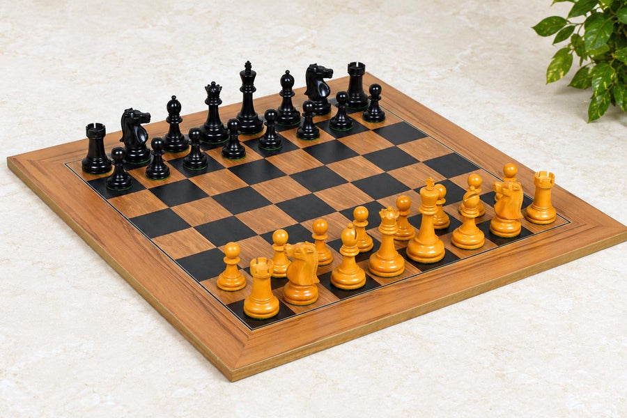 1972 Fischer Spassky Chess Set Ebonized Boxwood & Antiqed Boxwoos - 3.75" with Poplar Board