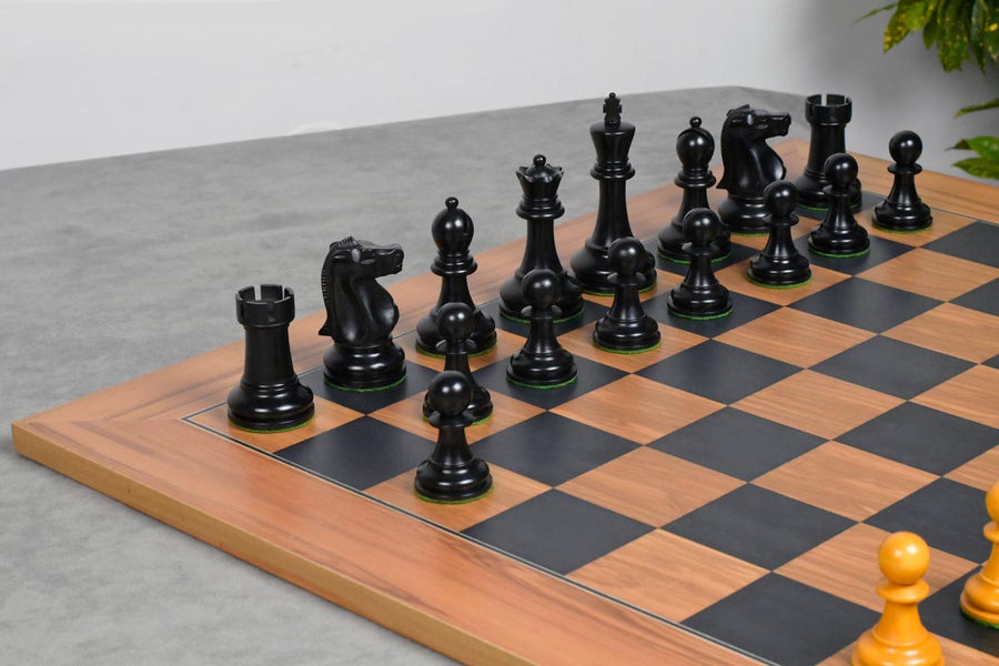 1972 Fischer Spassky Chess Set Ebonized Boxwood & Antiqed Boxwoos - 3.75" with Poplar Board