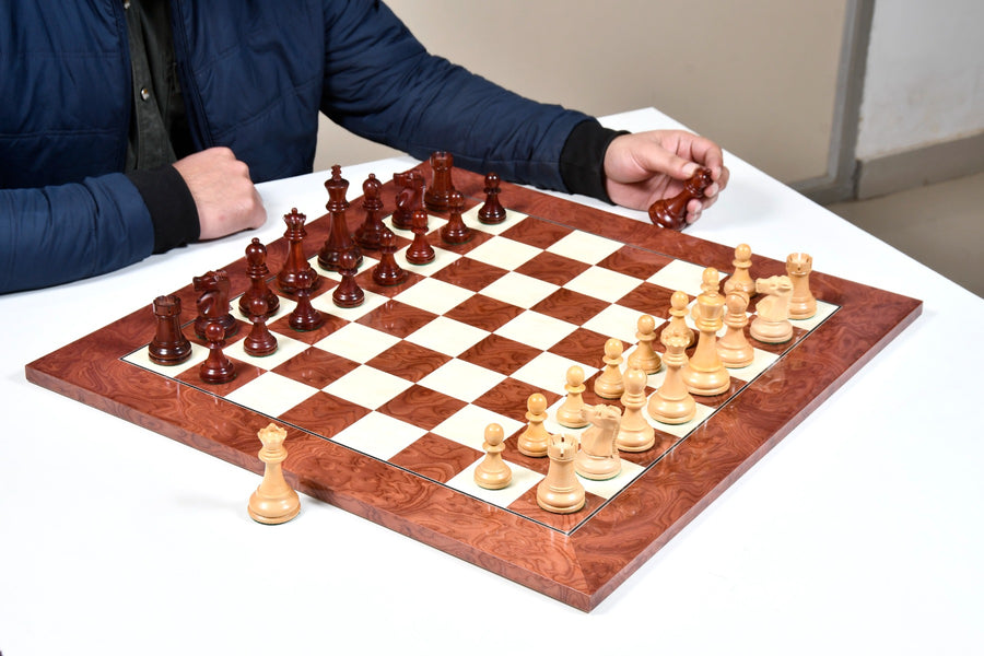 1972 Repro Fischer-Spassky Pattern Chess Pieces V2.0 in Bud Rosewood / Boxwood - 3.75" King with Box & Board