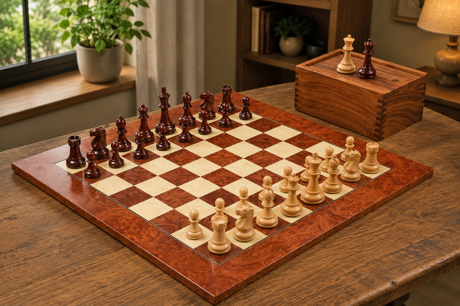 1972 Repro Fischer-Spassky Pattern Chess Pieces V2.0 in Bud Rosewood / Boxwood - 3.75" King with Box & Board