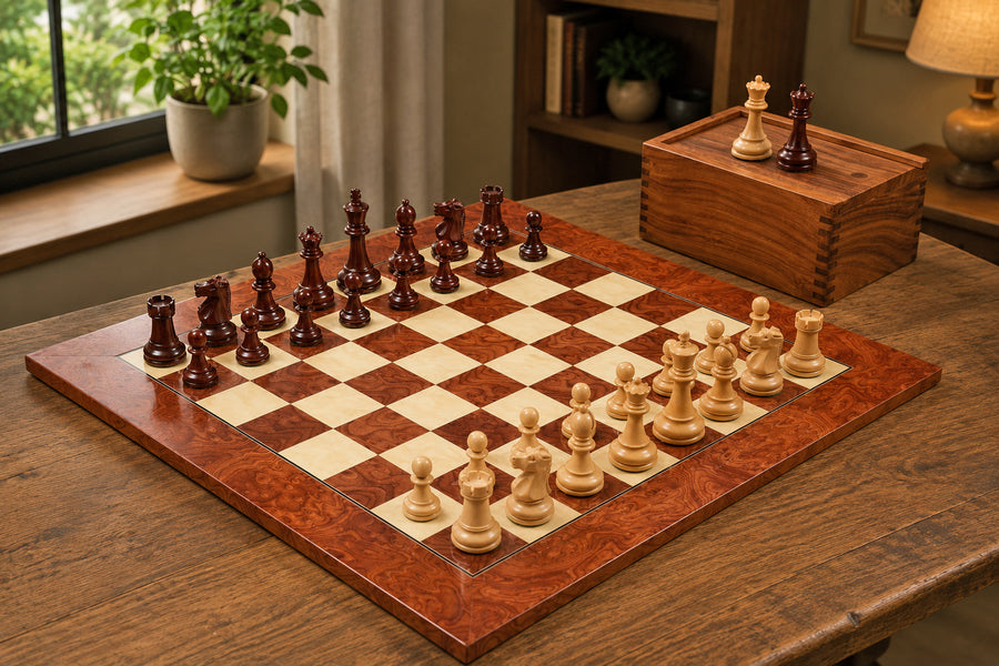 1972 Repro Fischer-Spassky Pattern Chess Pieces V2.0 in Bud Rosewood / Boxwood - 3.75" King with Box & Board