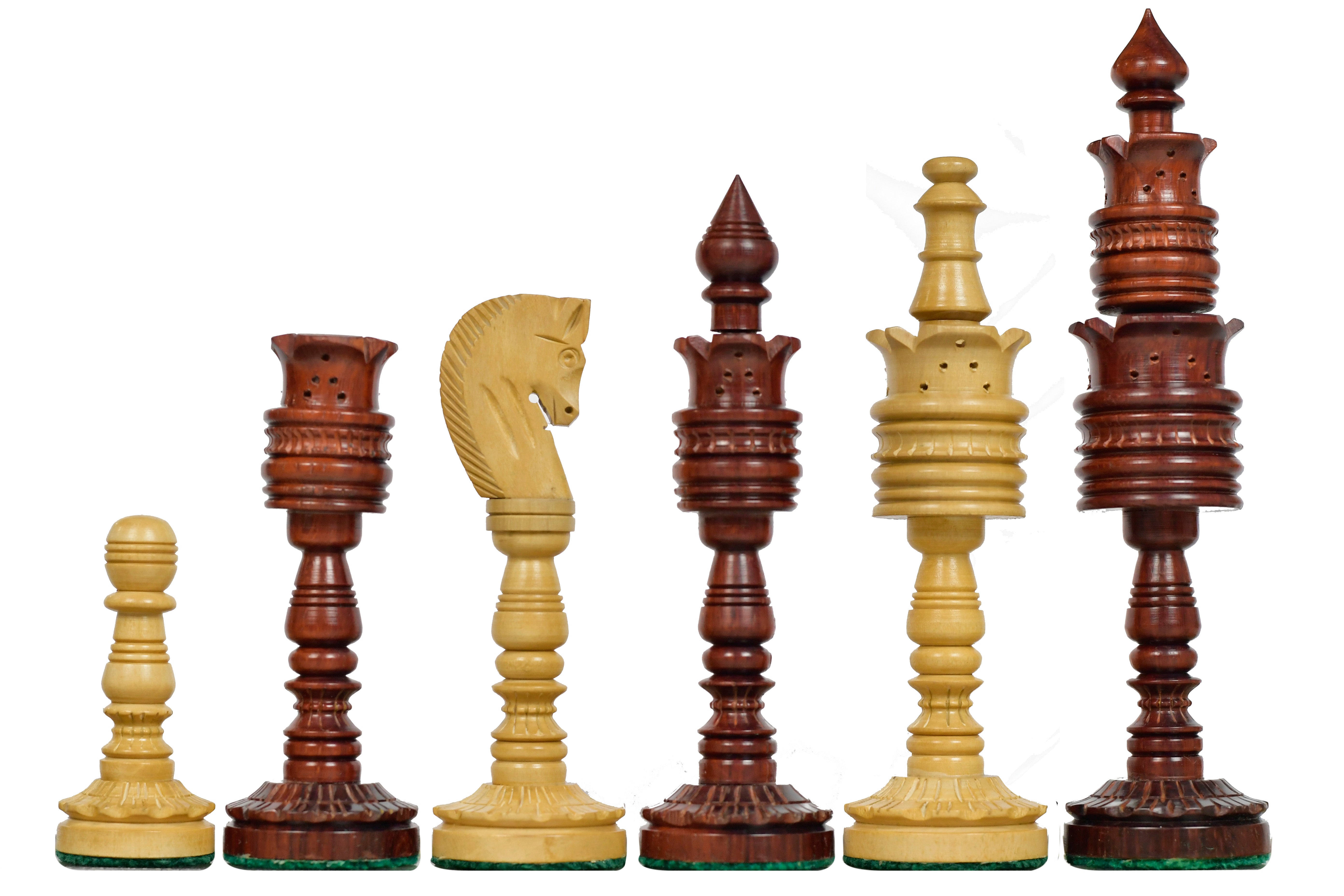 The Lotus Series Blood Red Pipe Shaped Chess Pieces in Bud Rose & Box Wood - 6.14" King
