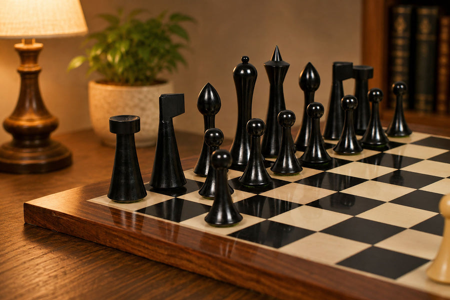 Minimalist Hermann Ohme Chess Pieces in Dyed Boxwood 3.75" King With Board