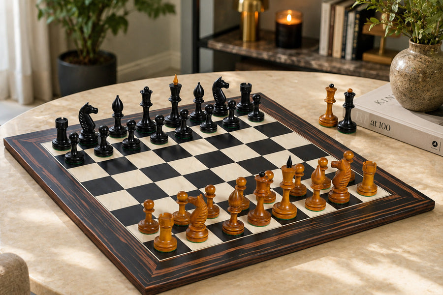Averbakh 1949 Moscow Championship Chess Set with Wooden Chessboard – 4.16" King, Antique Boxwood & Ebonized With Board