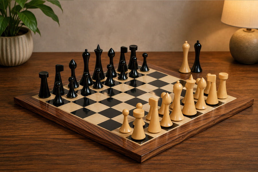 Minimalist Hermann Ohme Chess Pieces in Dyed Boxwood 3.75" King With Board