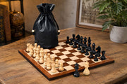 German Knight Chessmen in Ebonized / Boxwood - 3" King with Board & Pouch