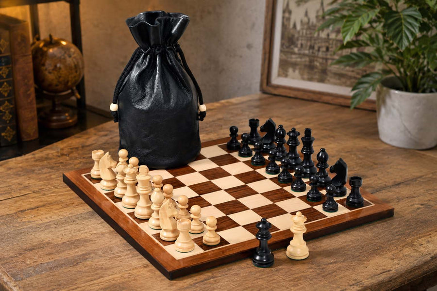 German Knight Chessmen in Ebonized / Boxwood - 3" King with Board & Pouch