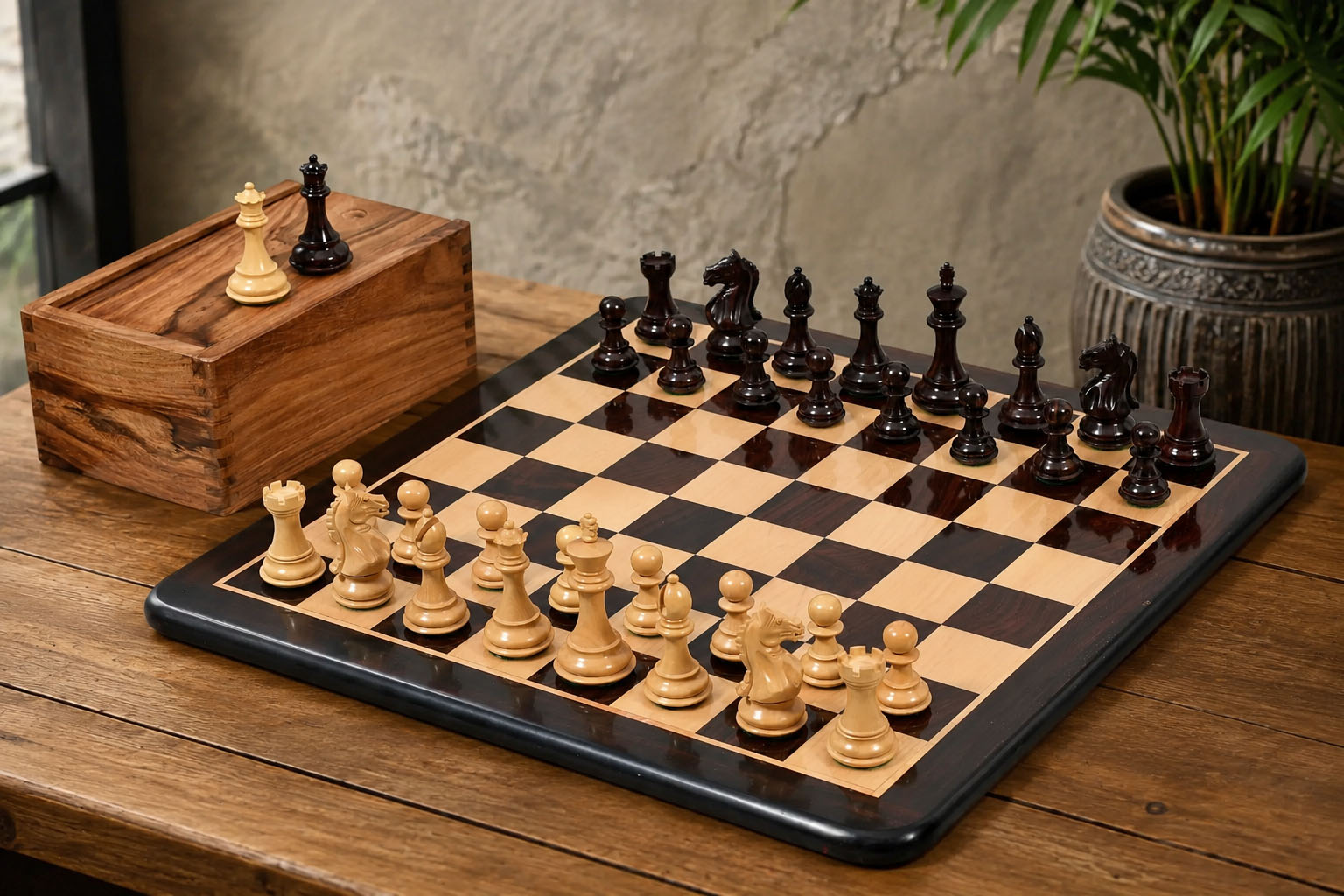 Fierce Knight Chess Pieces in Indian Rosewood/Boxwood With Board & Box- 3.5" King