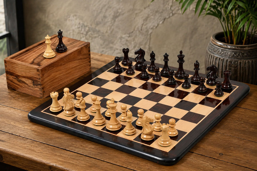 Fierce Knight Chess Pieces in Indian Rosewood/Boxwood With Board & Box- 3.5" King