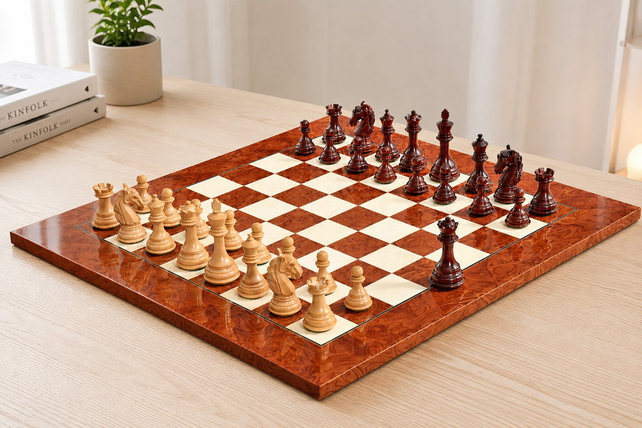 Columbian Chess Pieces in Bud Rosewood/Boxwood- 3.8" King with Board & Box