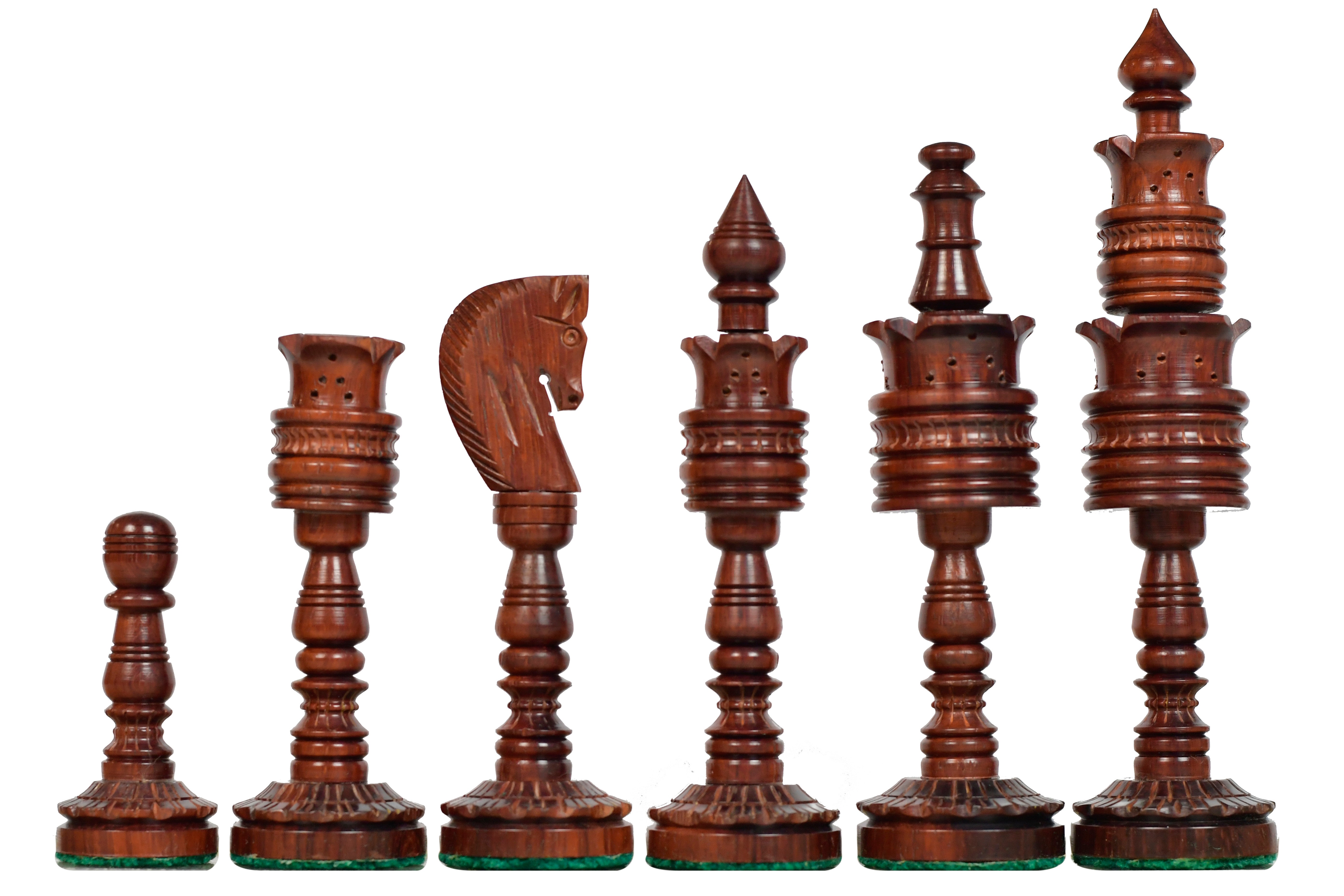 The Lotus Series Blood Red Pipe Shaped Chess Pieces in Bud Rose & Box Wood - 6.14" King