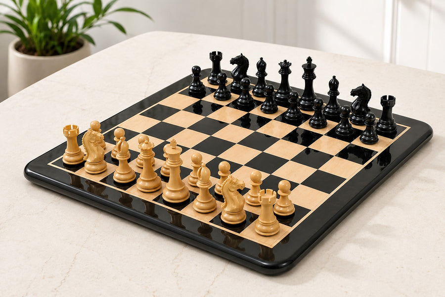 Fierce Knight Chess Pieces in Ebonized Boxwood 4.0" King with Board