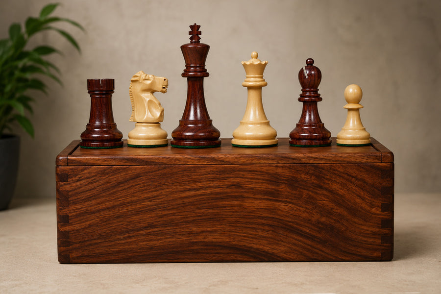1972 Repro Fischer-Spassky Pattern Chess Pieces V2.0 in Bud Rosewood / Boxwood - 3.75" King with Box