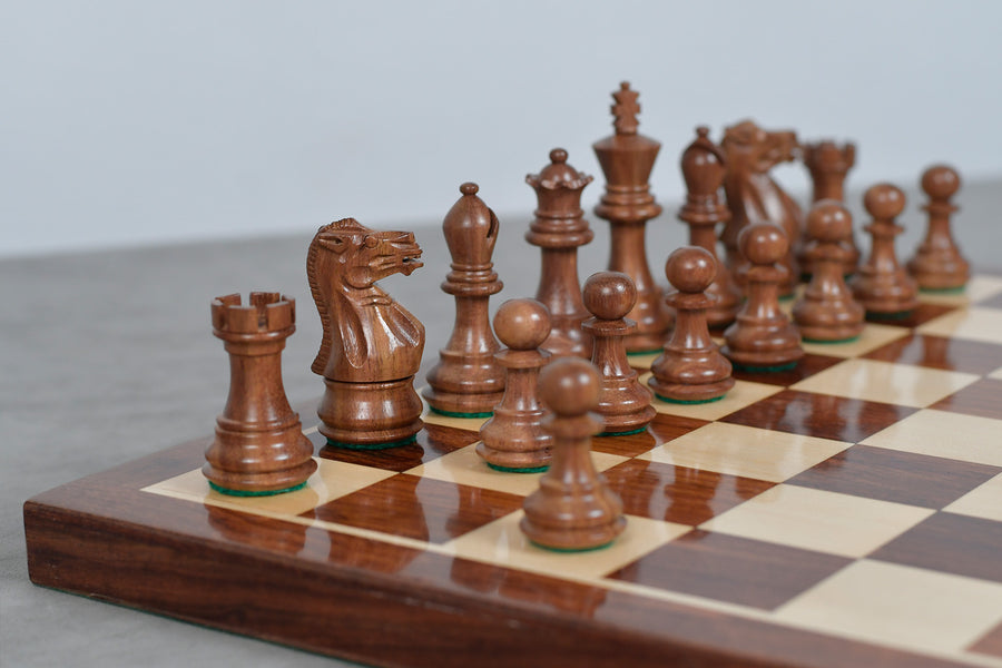The Stallion Weighted Staunton Chess Set in  Sheesham Wood & Boxwood - 3.0" King With Sheesham Chessboard