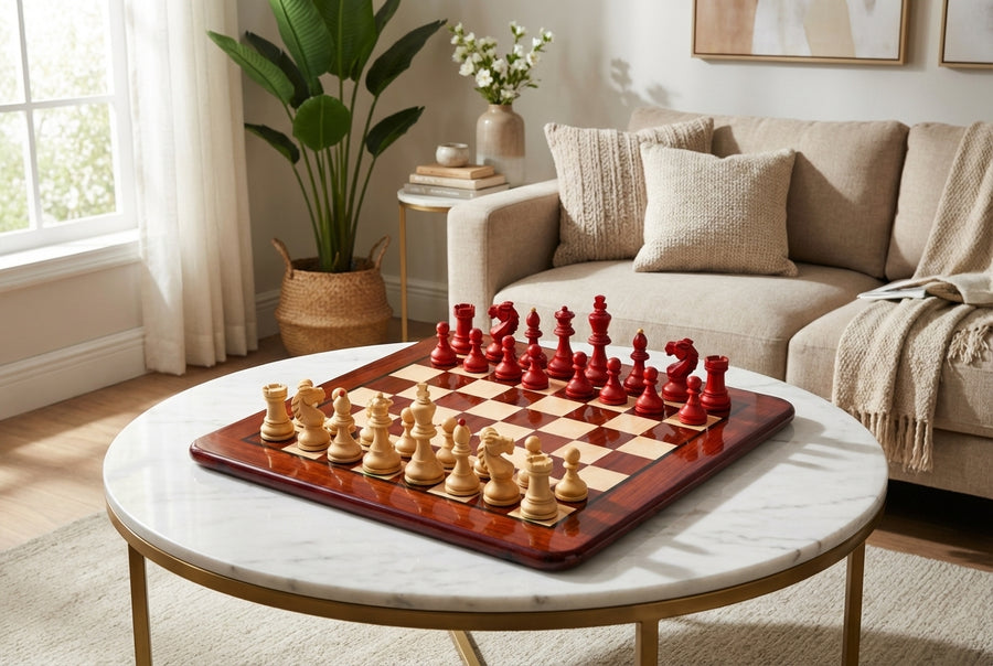 Special Edition 1950s Bohemia German Chess Set Crimson Boxwood & Board