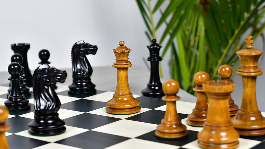 Circa 1887 Turner Teich Soviet-Staunton Style Weighted 4" Chess Pieces in Ebony & Antiqued Boxwood