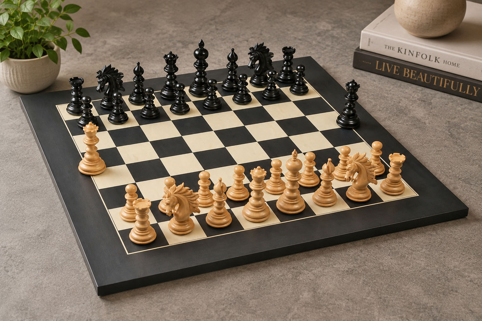 Combo of The St. Petersburg Luxury Artisan Series Chess Pieces in Ebony / Box Wood - 4.2" King with Chess Board