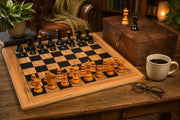 Repro Austrian Coffee House Old Vienna Chess Pieces in Ebonized & Antique Boxwood V2.0- 3.75" King with Board & Box