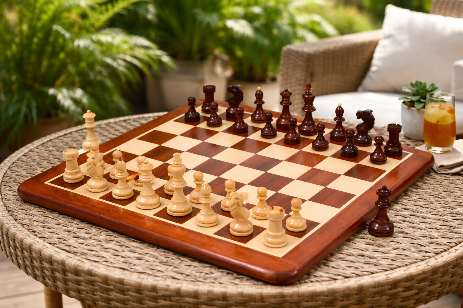 Combo Of Special Edition Reproduced Vintage 1950's Circa Bohemia Staunton Series German Chess Pieces in Bud Rosewood and Boxwood - 3.89" King with Chessboard