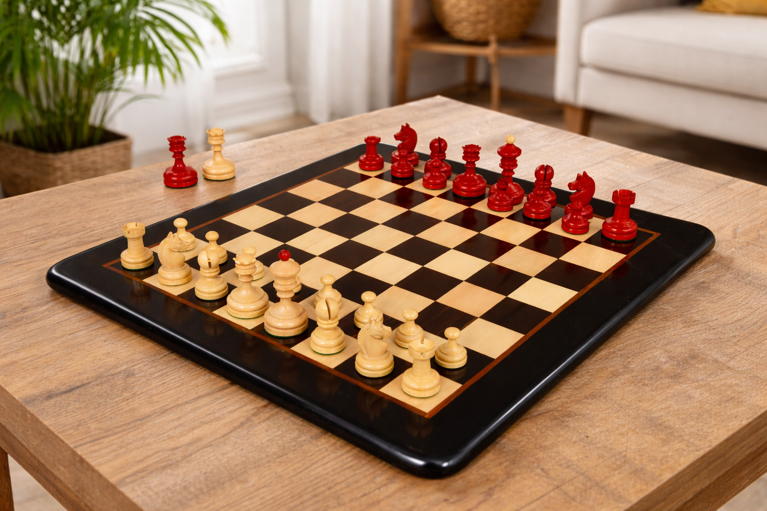 Repro Vintage 1930 German Knubbel Chess Set in Stained Crimson / Boxwood with Board