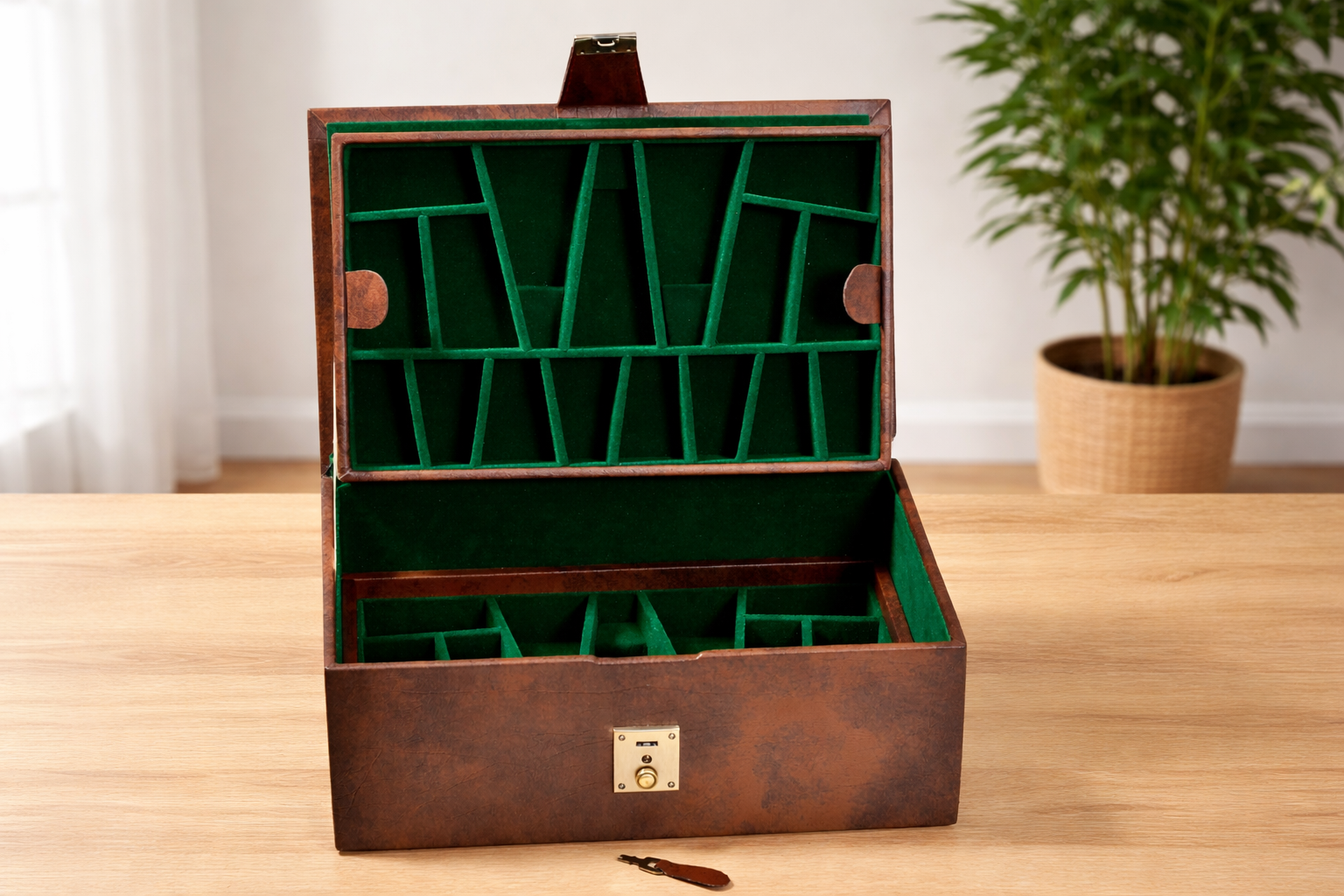 Leatherette Chess Set Storage Box with Double Tray Fixed Slots for 4" - 4.25" Pieces in Brown Color