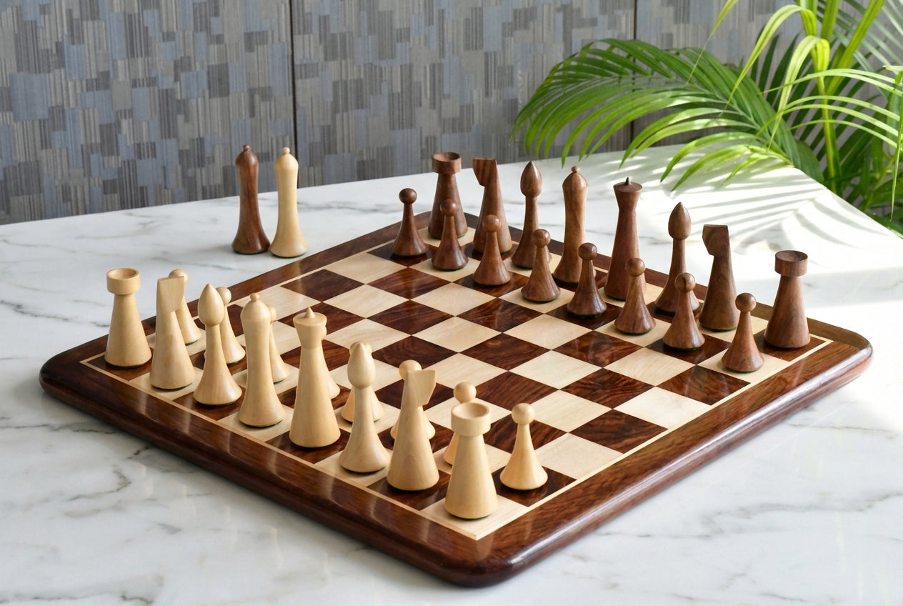 Minimalist Hermann Ohme Chess Pieces in Sheesham/Boxwood - 3.75" King with Board