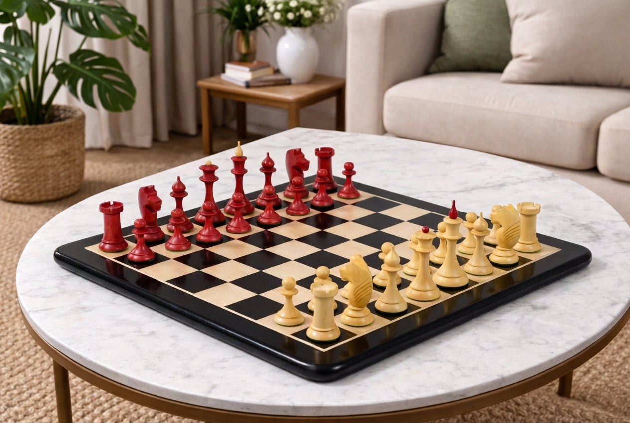 Combo of The 1950s Soviet (Russian) Latvian Reproduced Chess Pieces in Stained Crimson & Natural Boxwood - 4.1" King with Wooden Chess Board - 21"