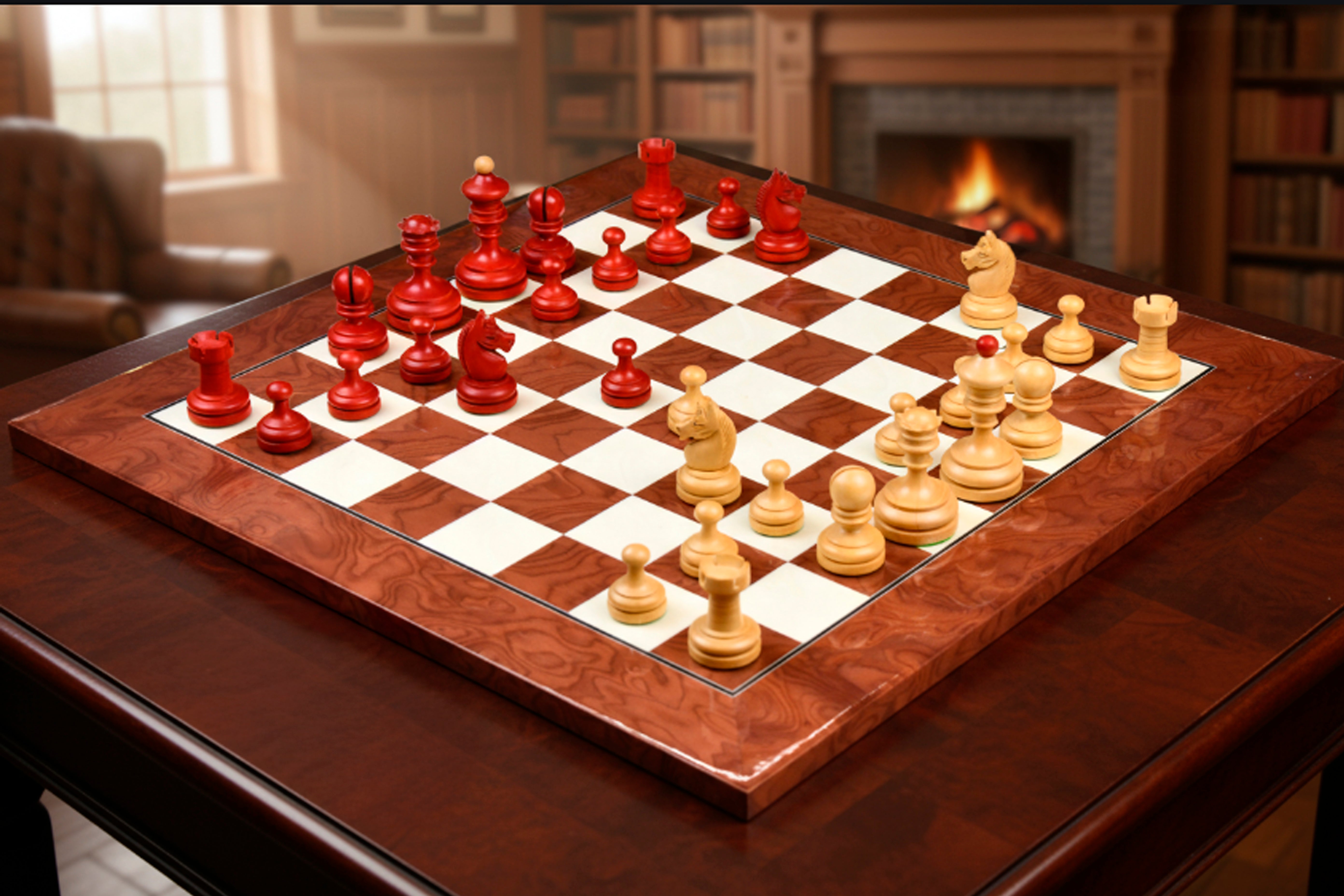 Combo of Reproduced Vintage 1930 German Knubbel Analysis Chess Pieces in Stained Crimson and Boxwood - 3" King with Chess Board