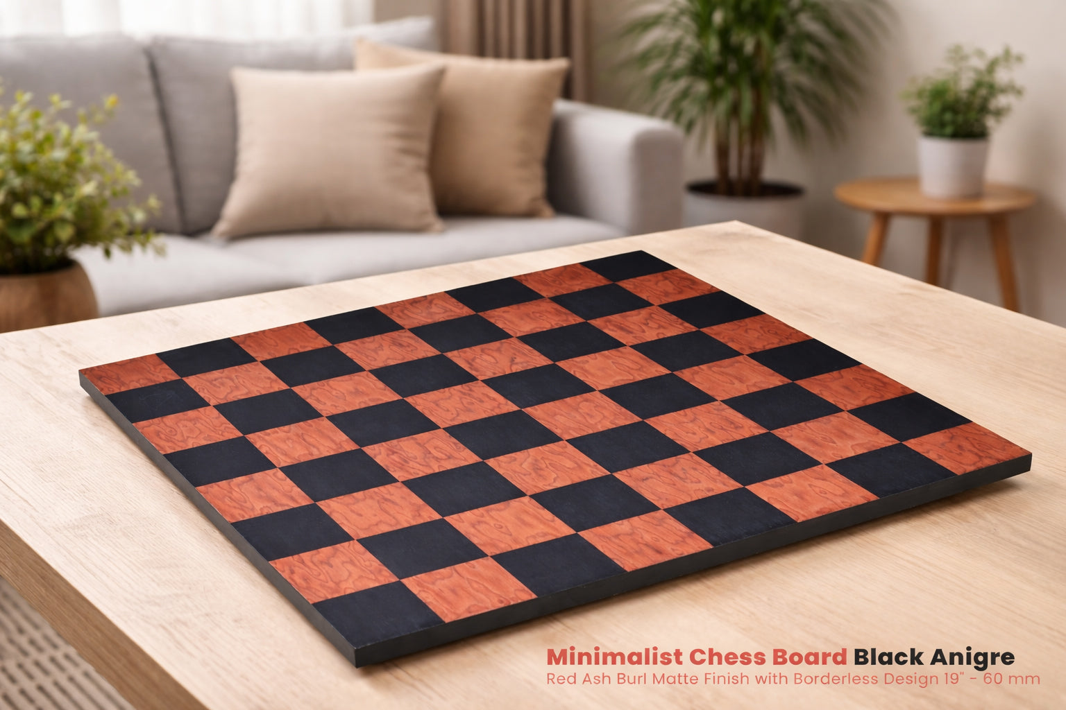 Minimalist Chess Board Black Anigre Red Ash Burl Matte Finish with Borderless Design 19" - 60 mm