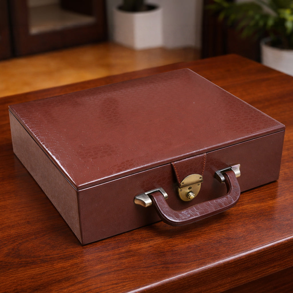 Brown Leatherette Chess Set Coffer Storage Box with Hi-Gloss Crocodile Pattern Finish for 3.6" - 4.1" Pieces