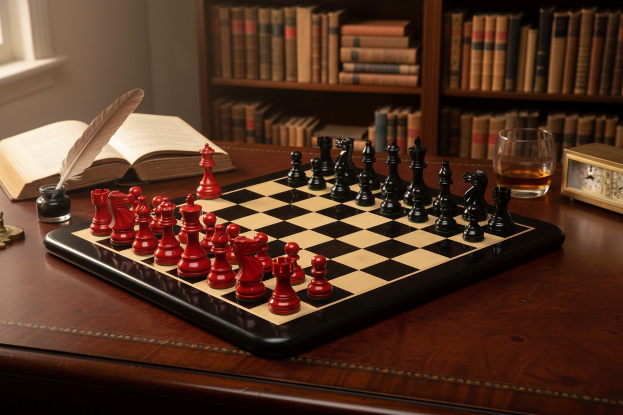 The Smokey Staunton Chess Pieces in Painted Box Wood with Board - 3.8" King