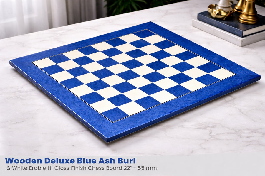 Deluxe Blue Ash Burl & White Erable Hi-Gloss Chess Board 22" 55mm