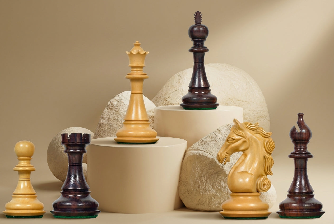 The Shera Series Staunton Weighted Chess Pieces V2.0 in Rosewood / Boxwood - 4.5" King
