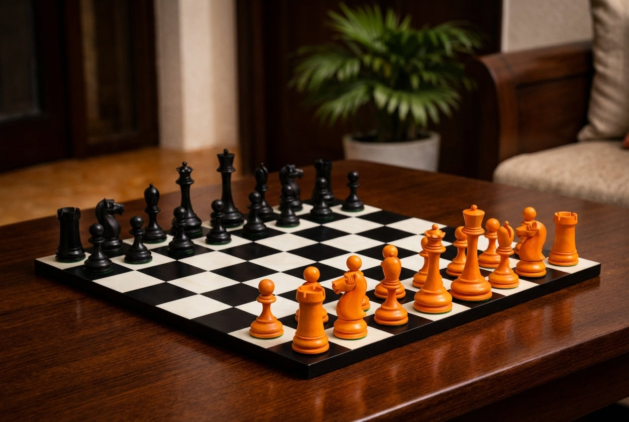 Repro B & Co 1860s Pieces in Ebony/Antiqued Boxwood - 4" King with Board