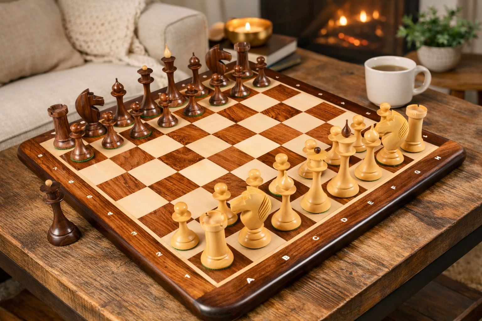 Combo of The 1950s Soviet (Russian) Latvian Reproduced Chess Pieces in Sheesham & Natural Boxwood - 4.1" King with  Wooden Chess Board with Notation 21"