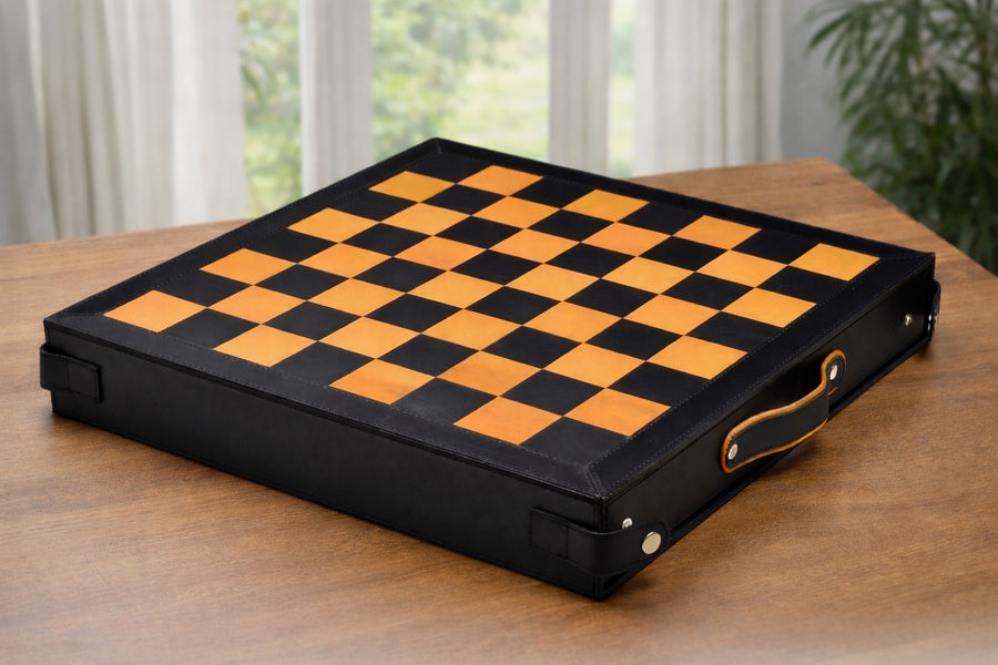 Genuine Leather Chess Board Built-In Storage Black Anigre 16" 45mm